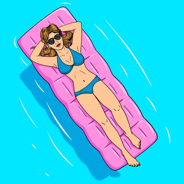 Woman lying on air mattress comic vector — Stock Vector