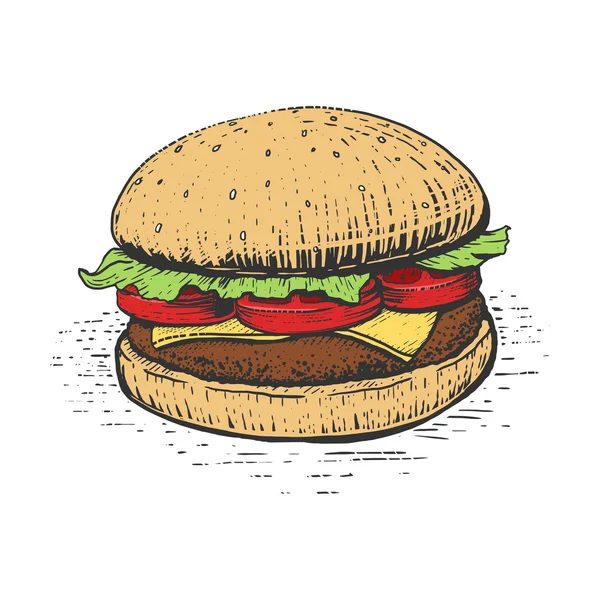 Burger gravírování styl vektorové ilustrace — Stockový vektor