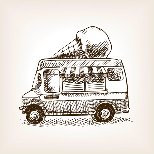 Vettore disegnato a mano del furgone del gelato stile skecth — Vettoriale Stock