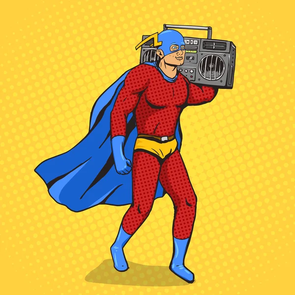Super-herói com leitor de cassetes de rádio vetor —  Vetores de Stock