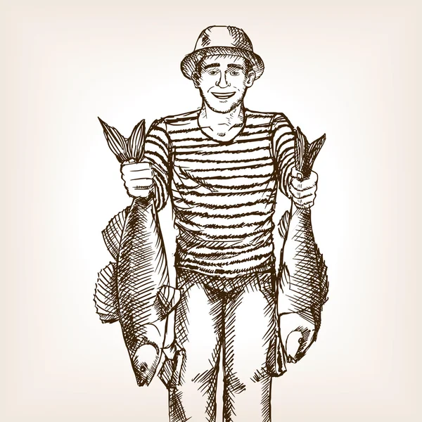 Pêcheur avec vecteur de croquis de poisson — Image vectorielle