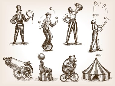Retro circus performance set sketch vector vector Retro circus performance set sketch vector vector