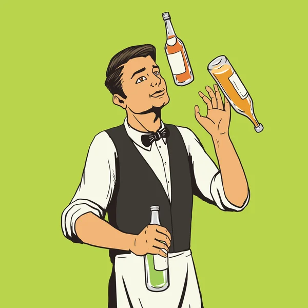 Barman jongleren flessen pop-art stijl vector — Stockvector
