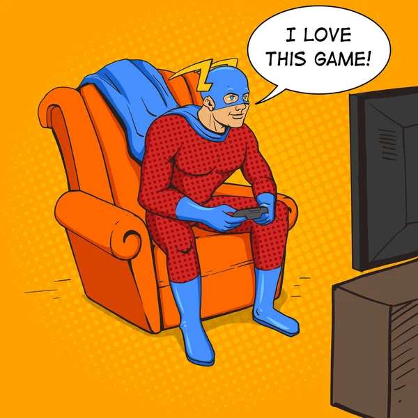Супергерой играет в игровую консоль — стоковый вектор