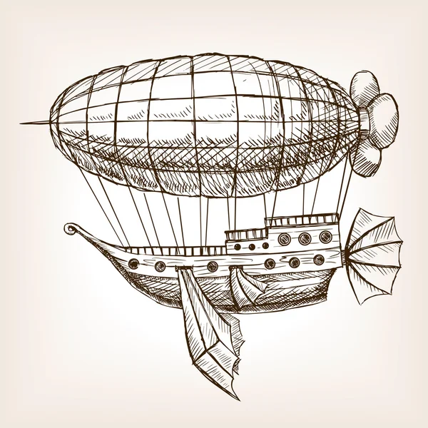Steampunk mechanical flying airship sketch vector — Stock Vector