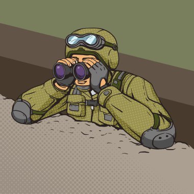 Soldier looks through binoculars from the trenches clipart
