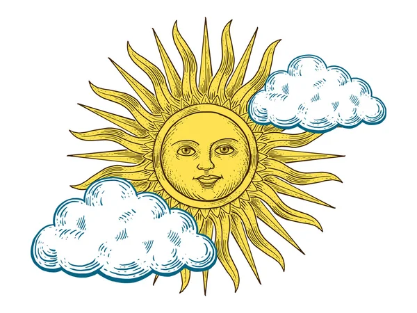 Солнце с векторной иллюстрацией в стиле гравировки лиц — стоковый вектор