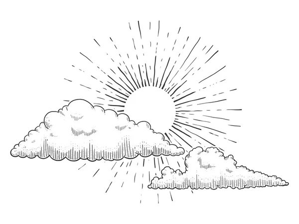 Sol con nubes grabado vector ilustración — Archivo Imágenes Vectoriales