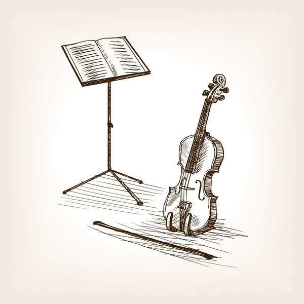 Violin bow music stand hand drawn sketch vector — Stock Vector