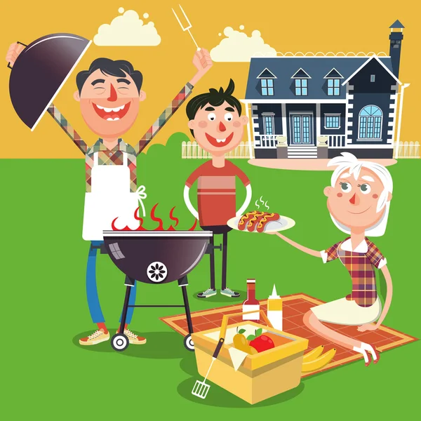 Rodinný barbecue piknik kreslené vektorové ilustrace — Stockový vektor