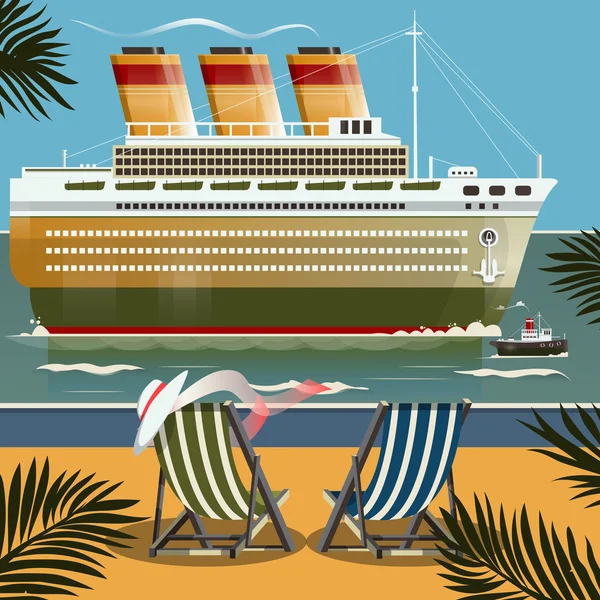 Výletní loď poblíž pobřeží vektorové ilustrace — Stockový vektor