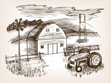 Çiftlik manzara sketch vektör çizim