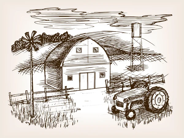 Bauernhof Landschaft Skizze Vektor Illustration — Stockvektor