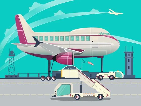 空港と飛行機のフラットのベクトル図 — ストックベクタ
