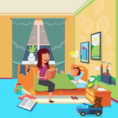 Anne Çocuk vektör çizim için kitap okumak