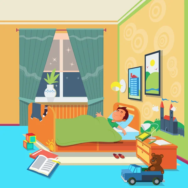 Menino dormir em crianças quarto vetor ilustração — Vetor de Stock