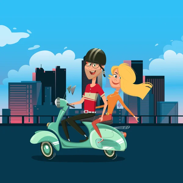 Pareja a caballo scooter ilustración vector de dibujos animados — Vector de stock