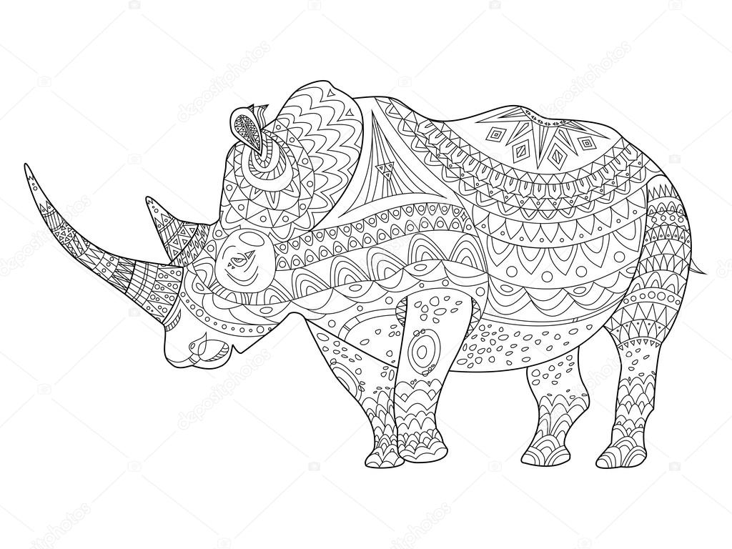 Rhinocéros Coloriages pour vecteur adultes — Image vectorielle Coloriages de rhinocéros vector illustration Anti stress coloriage pour adulte Zentangle style Lignes noir et blanc