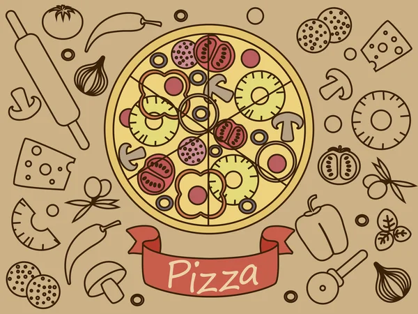 Pizza s složky proužkové vektorové ilustrace — Stockový vektor