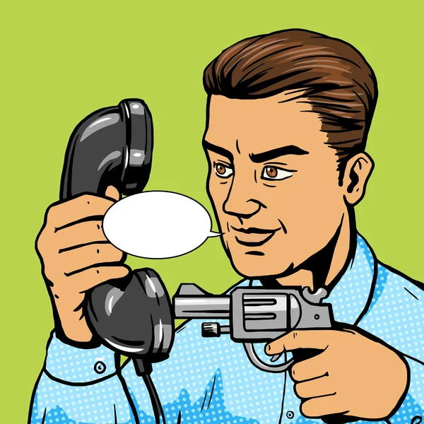 Man gericht zijn pistool tegen handset popart vectorillustratie — Stockvector