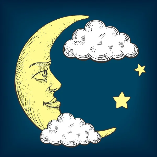 Moon with face engraving style vector illustration — Stock Vector
