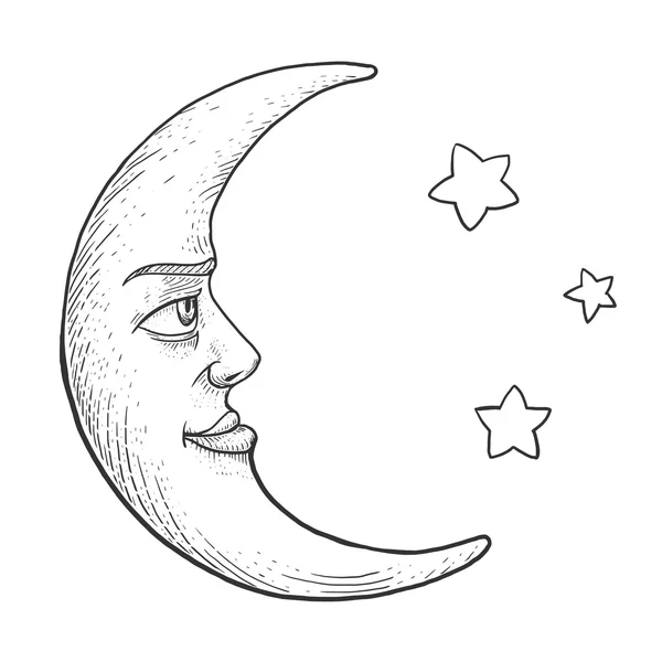 Φεγγάρι με πρόσωπο χαρακτική στυλ εικονογράφηση διάνυσμα — Διανυσματικό Αρχείο