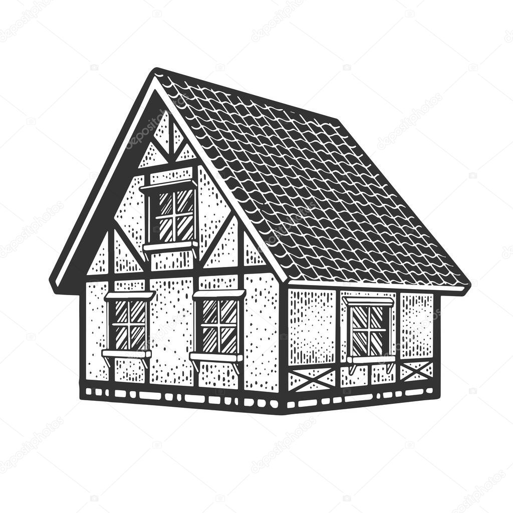 Timber framing half timbered old house sketch engraving vector illustration. T-shirt apparel print design. Scratch board imitation. Black and white hand drawn image.