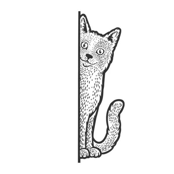 Macska kukucskál -ból sarok vázlat metszet vektor illusztráció. Póló mintás ruha. Karcolódeszka utánzat. Fekete-fehér kézzel rajzolt kép. — Stock Vector