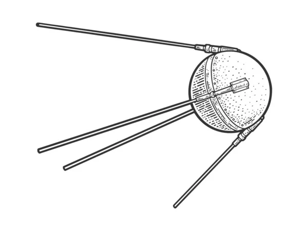 Sputnik Uno dei primi satelliti terrestri artificiali realizzati dall'Unione Sovietica schizzo incisione vettoriale illustrazione. T-shirt abbigliamento design di stampa. Imitazione del gratta e Vinci. Immagine disegnata a mano in bianco e nero. — Vettoriale Stock