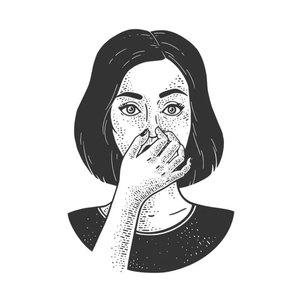 Βρωμάει άσχημα. Κορίτσι κρατώντας τη μύτη με τα δάχτυλα σκίτσο χάραξη διάνυσμα εικονογράφηση. Σχεδιασμός εκτύπωσης ρούχων T-shirt. Απομίμηση χαρτονιού. Ασπρόμαυρη ζωγραφισμένη στο χέρι εικόνα. — Διανυσματικό Αρχείο