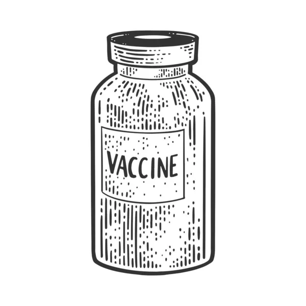 Pílula do frasco da vacina droga comprimido em blister embalagem esboço gravura vetor ilustração. T-shirt design de impressão de vestuário. Imitação de raspadinha. Imagem desenhada à mão preto e branco. —  Vetores de Stock