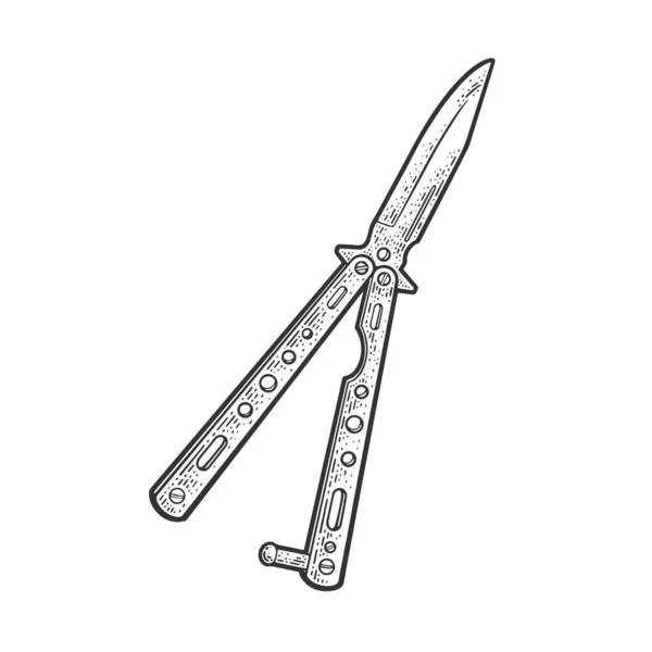 Kelebek balisong bıçak silah taslağı kabartma vektör çizimi. Tişört giysisi baskısı tasarımı. Çizik tahtası taklidi. Siyah beyaz el çizimi resim. — Stok Vektör