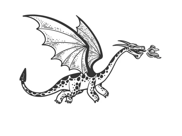 Dragon serpentine mythique créature mythique croquis gravure vectorielle illustration. T-shirt imprimé design. Imitation de carte à gratter. Image dessinée à la main noir et blanc. — Image vectorielle