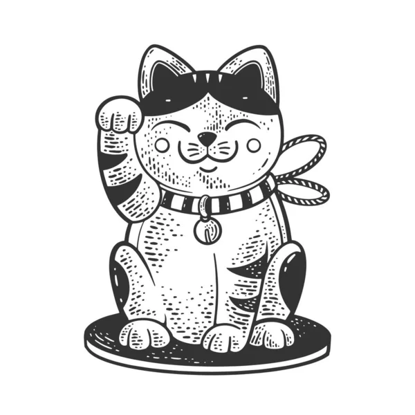 Maneki neko Croquis de chat japonais gravure vectorielle illustration. T-shirt imprimé design. Imitation de carte à gratter. Image dessinée à la main noir et blanc. — Image vectorielle