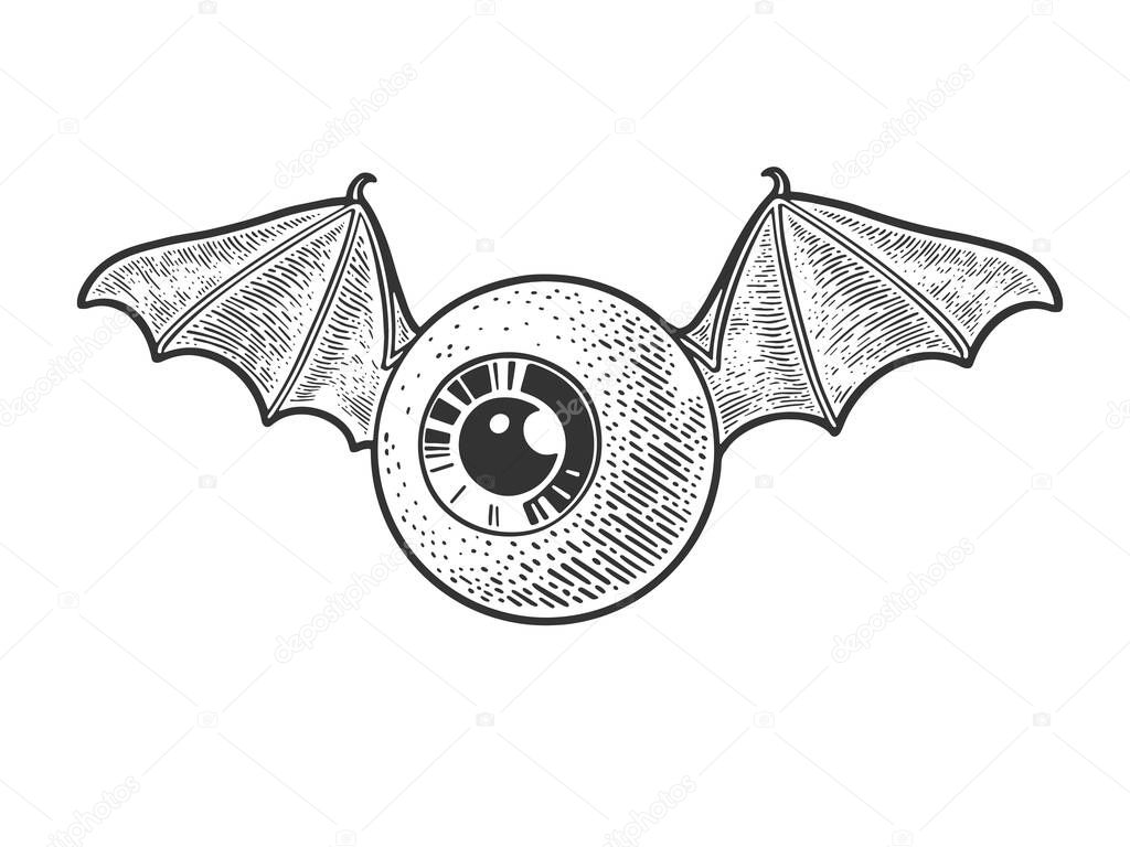 flying eye eyeball sketch engraving vector illustration. T-shirt apparel print design. Scratch board imitation. Black and white hand drawn image.