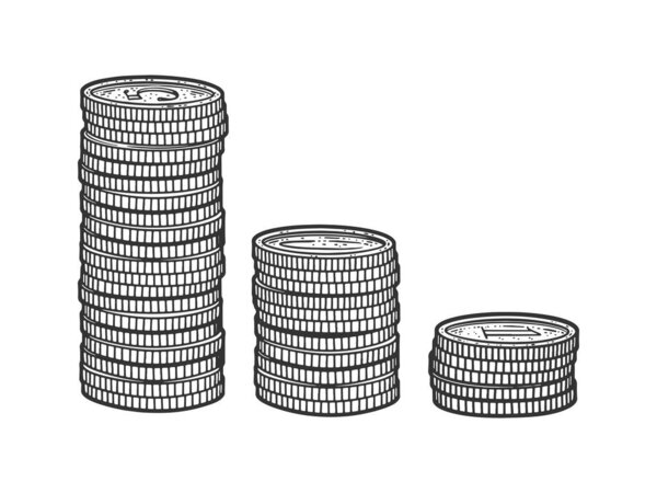 стопки набросков монет, гравировка векторной иллюстрации. Дизайн одежды для футболок. Имитация Доски Царапин. Черно-белое изображение.