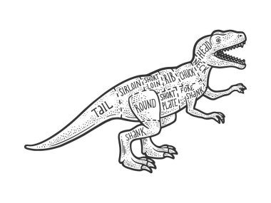 Dinozor eti şeması. Biftek çizimi, kabartma vektör çizimi. Tişört giysisi baskısı tasarımı. Çizik tahtası taklidi. Siyah beyaz el çizimi resim.