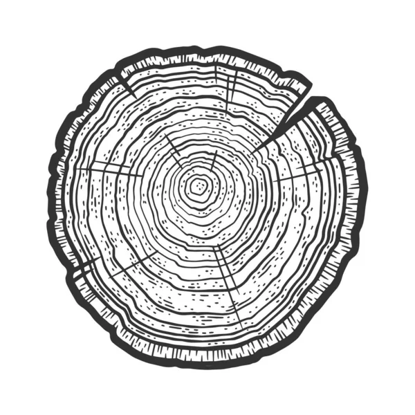 Strom průřez pilou řezané strom kroužek datování náčrt rytiny vektorové ilustrace. Design trička s potiskem. Stírací deska imitace. Černobílý ručně kreslený obrázek. — Stockový vektor