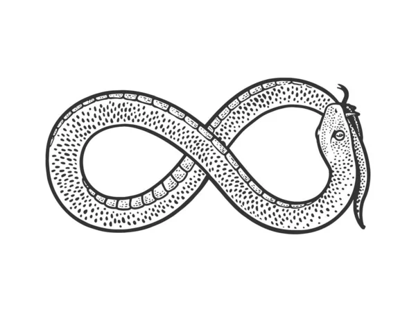 Serpiente en forma de signo de infinito que muerde su propia ilustración del vector de grabado del boceto de la cola. Diseño de estampado de ropa de camiseta. Scratch board imitación. Imagen dibujada a mano en blanco y negro. — Archivo Imágenes Vectoriales