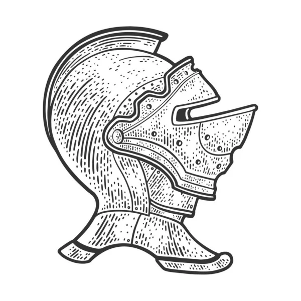 Caballero casco boceto grabado vector ilustración. Diseño de estampado de ropa de camiseta. Scratch board imitación. Imagen dibujada a mano en blanco y negro. — Vector de stock