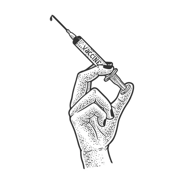 Σύριγγα με απεικόνιση φορέα χάραξης σκίτσου εμβολίου. Σχεδιασμός εκτύπωσης ρούχων T-shirt. Απομίμηση χαρτονιού. Ασπρόμαυρη ζωγραφισμένη στο χέρι εικόνα. — Διανυσματικό Αρχείο