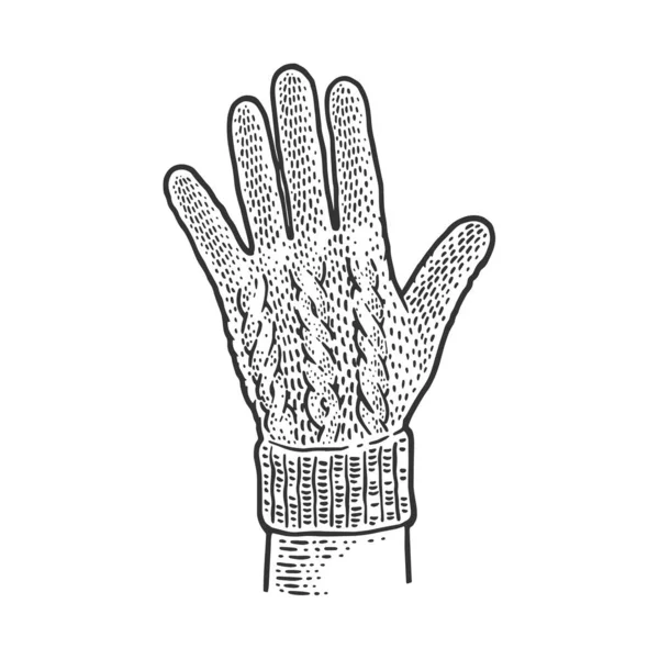 Knitted wool glove on hand sketch engraving vector illustration. T-shirt apparel print design. Scratch board imitation. Black and white hand drawn image. — Stock Vector