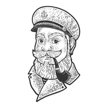 Kaptan, tüttüren pipo eskiziyle vektör çizimi yapıyor. Tişört giysisi baskısı tasarımı. Çizik tahtası taklidi. Siyah beyaz el çizimi resim.