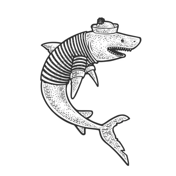 Cartoon haai zeeman schets graveren vector illustratie. T-shirt kleding print ontwerp. Krasplank imitatie. Zwart en wit met de hand getekend afbeelding. — Stockvector