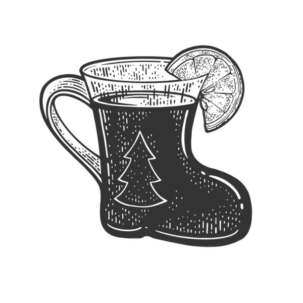 와인 잔은 부트 스케치 페인팅 벡터 삽화의 형태로 만들어 졌다. Wroclaw 크리스마스 페어 심볼. 티셔츠 의류인 쇄 디자인. 스크래치 보드 모방. 손으로 그린 흑백 그림. — 스톡 벡터