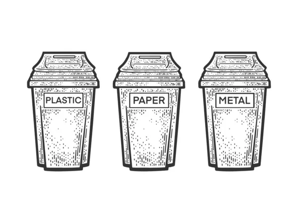 쓰레기를 분류하는 쓰레기 통들은 벡터 삽화를 스케치하는 쓰레기통이다. 티셔츠 의류인 쇄 디자인. 스크래치 보드 모방. 손으로 그린 흑백 그림. — 스톡 벡터