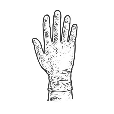 Tıbbi eldiven çizimi, kabartma vektör çizimi. Tişört giysisi baskısı tasarımı. Çizik tahtası taklidi. Siyah beyaz el çizimi resim.