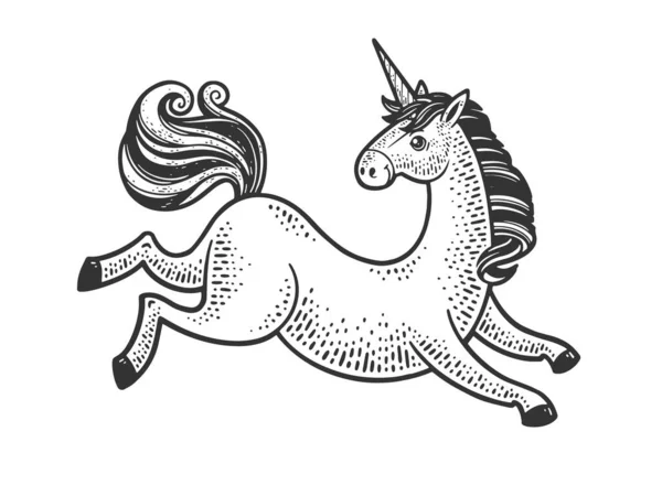 Unicorno cartone animato leggendario creatura schizzo incisione vettoriale illustrazione. T-shirt abbigliamento design di stampa. Imitazione del gratta e Vinci. Immagine disegnata a mano in bianco e nero. — Vettoriale Stock