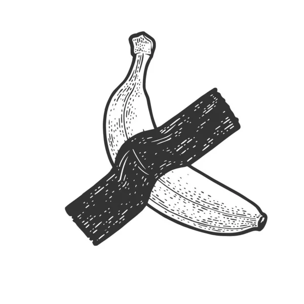 Banana taped to wall by adhesive tape modern art sketch engraving vector illustration. T-shirt apparel print design. Scratch board imitation. Black and white hand drawn image. — Stock Vector