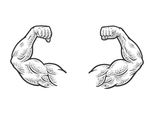 Mani muscolari braccia di uomo forte bodybuilder schizzo incisione vettoriale illustrazione. T-shirt abbigliamento design di stampa. Imitazione del gratta e Vinci. Immagine disegnata a mano in bianco e nero. — Vettoriale Stock